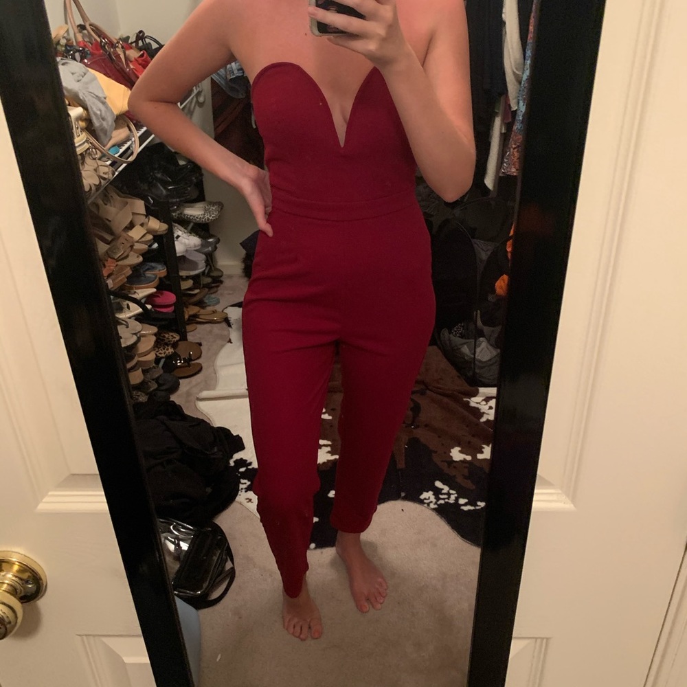 Maroon Strapless Deep Cut Jumpsuit